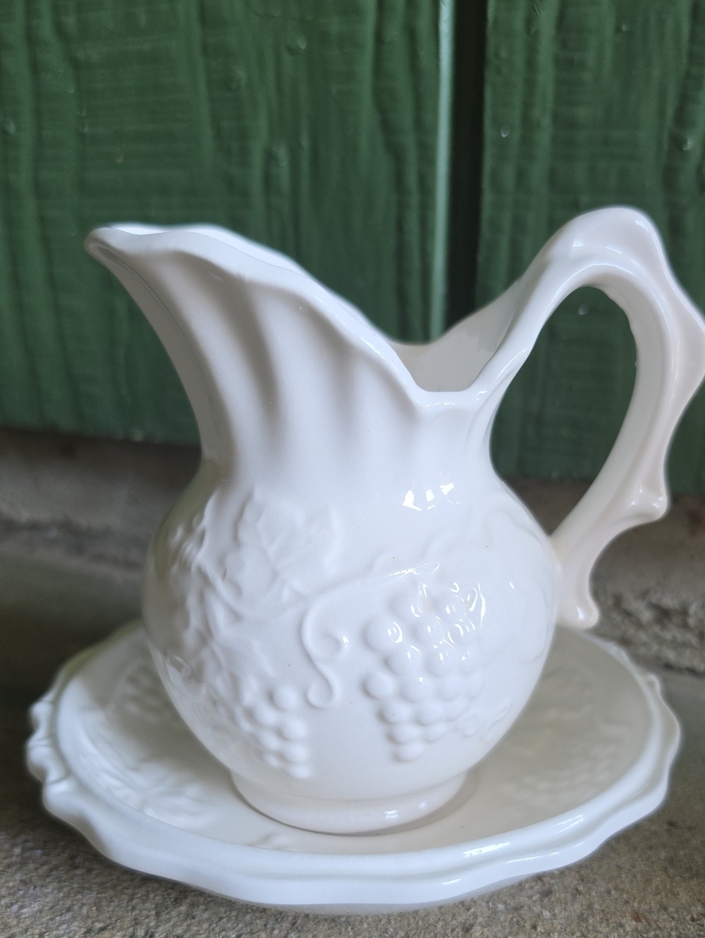 Enesco White Embossed Ceramic Pitcher and Saucer Set